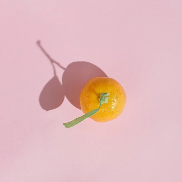 Napsütötte Bio Kumquat Gyümölcs Zöld Levél Pasztell Rózsaszín Háttér Minimális — Stock Fotó