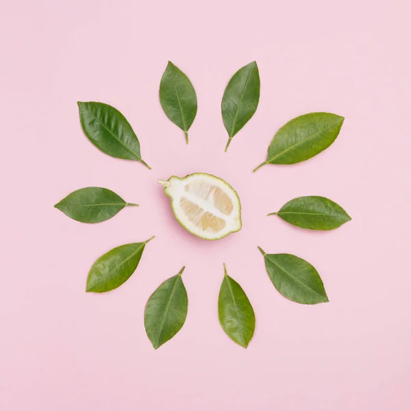 有机柠檬和绿叶的创意概念在粉红的背景上 水果最小的概念 平躺在床上 — 图库照片