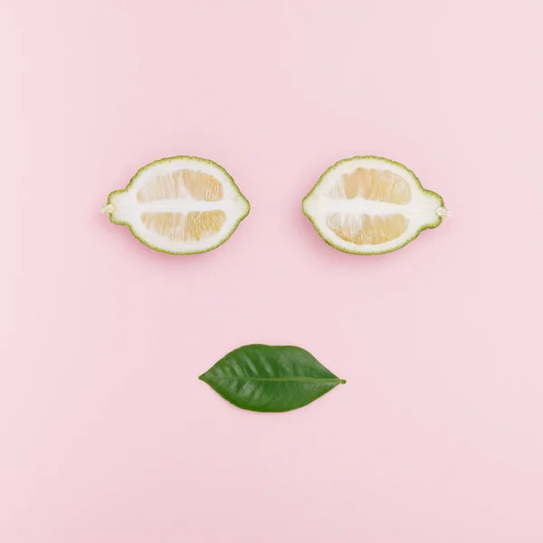 Conceito Criativo Feito Limões Orgânicos Folha Verde Fundo Rosa Pastel — Fotografia de Stock