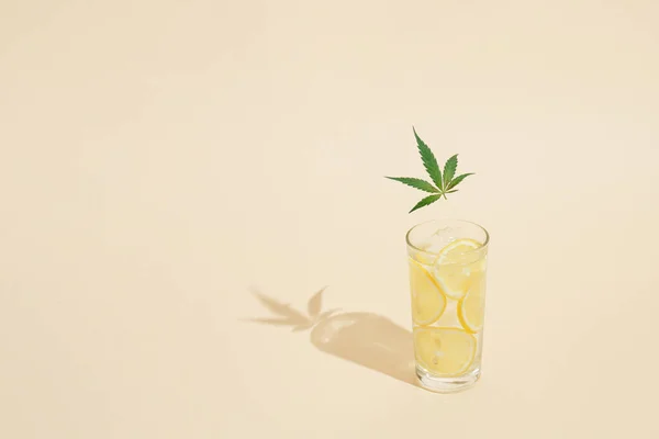 Sunlit Glass Water Ice Lemon Slices Marijuana Leaf Bright Sunny — Stock Photo, Image