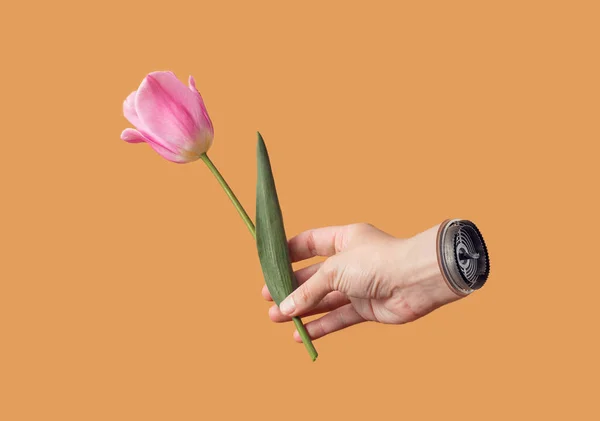 A creative concept made by hand with metal robotic parts holding a pink tulip against a pastel orange background. A minimal \'man vs. nature\' idea.