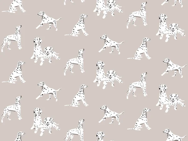 ダルマチアのシームレスなパターンベージュの装飾 面白い漫画の白い鉢植えのダルマチアの犬の品種とデザイン ペットの背景 ベージュ色の動物子犬のデザイン ロイヤリティフリーストックベクター