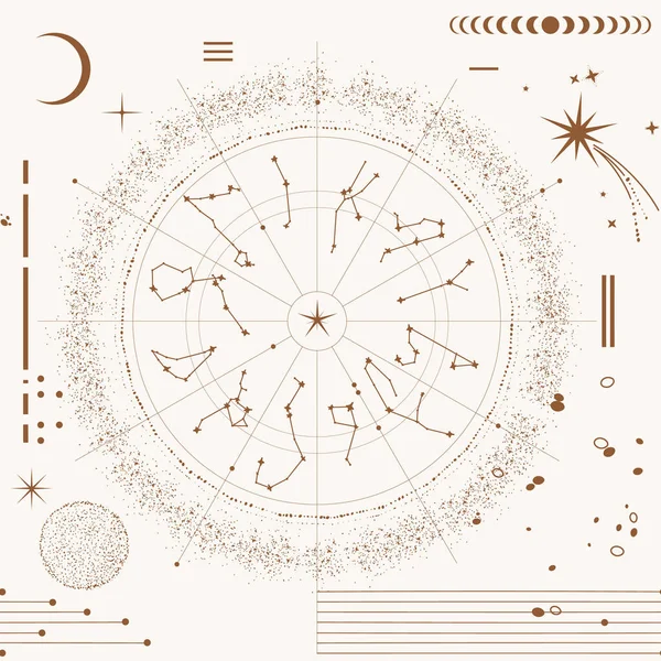 Horoskop Bezszwowy Wzór Ezoteryczna Konstelacja Gwiazd Kalendarz Księżycowy Faza Księżyca — Wektor stockowy