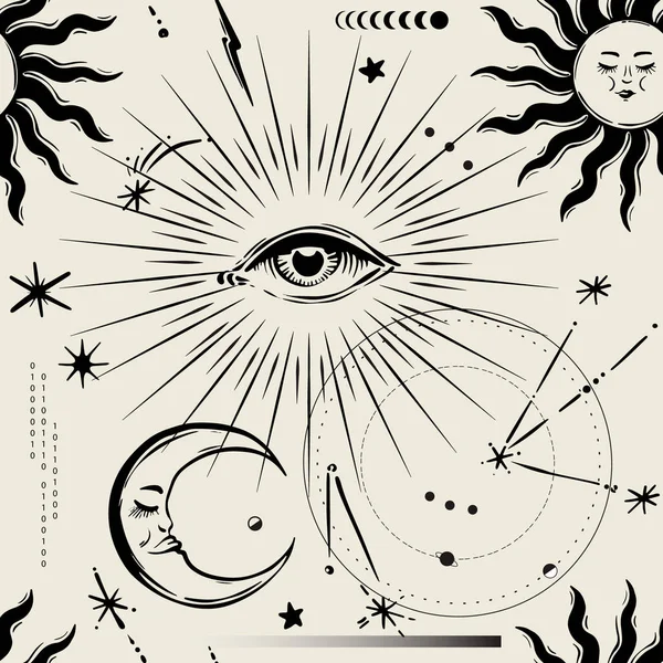 Andligt Ögonisoteriskt Sömlöst Mönster Mystisk Astrologi Design Horoskop Moon Sol Royaltyfria illustrationer
