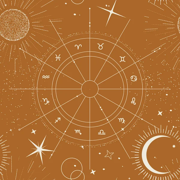 星占いのサイン星図シームレスなパターン 天体暦 占星術の星座 ムーンフェイズサークル宇宙のデザイン 宇宙の謎の銀河 密教のターロットのデザインブラウン ロイヤリティフリーストックベクター
