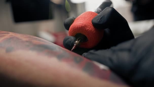 Close Process Tattooing Woman Her Leg Male Tattoo Artist Making — Stock Video