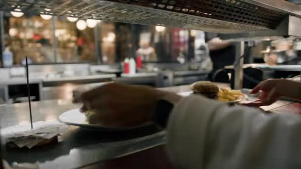 Woman Waitress Takes Dish Take Client Restaurant — Stock Video