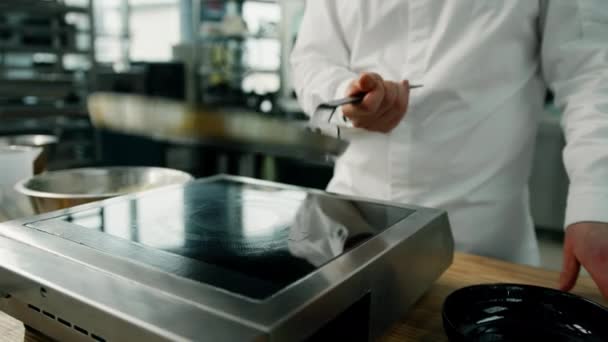 Профессиональная Кухня Шеф Повар Проверяет Сковородку Приготовления Блинов Профессиональная Плита — стоковое видео