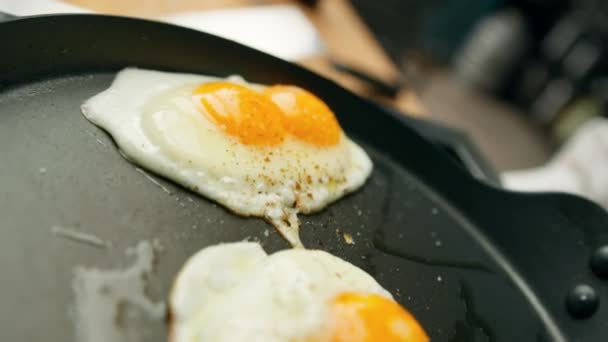 Profesyonel Mutfak Çırpılmış Yumurta Tavada Kızartılır — Stok video