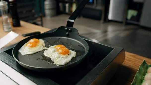 Professional Kitchen Chef Cooks Scrambled Eggs Pan — Stock Video