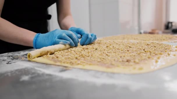 Cocina Panadería Proceso Fabricación Cinabriones Mujer Panadero Utiliza Chocolate Gránulos — Vídeos de Stock