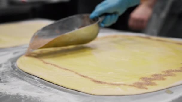 Kuchnia Piekarni Proces Produkcji Cynamonów Kobieta Piekarz Dodaje Cynamonu Czekolady — Wideo stockowe