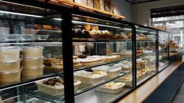 Dükkanda ve pastanede lezzetli çörekler ve pastalarla dolu tezgah.