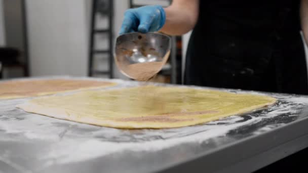 Kuchnia Piekarni Proces Produkcji Cynamonów Kobieta Piekarz Dodaje Cynamonu Czekolady — Wideo stockowe
