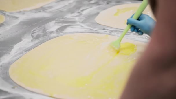 Kitchen Bakery Process Making Cinnabons Woman Baker Uses Egg Yolk — Stock Video