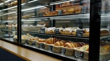 Dükkanda ve pastanede lezzetli çörekler ve pastalarla dolu tezgah.