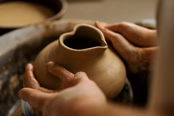 Pottery Workshop Potter Teaches Student Sculpt Jug Clay Couple Engaged — Stock Photo, Image