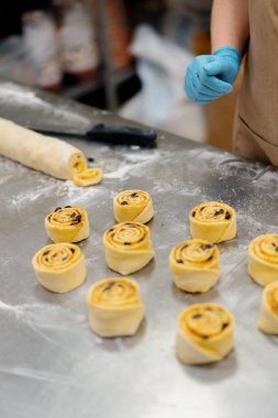 Fırındaki mutfak - tarçın yapma süreci, kadın fırıncı granüllerde çikolata pişirir.