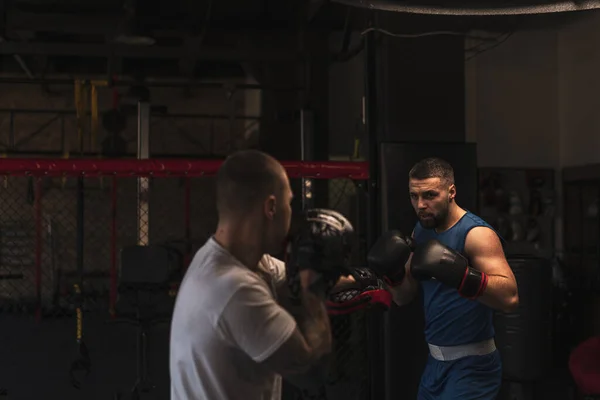 Boxer Πρακτικές Punches Του Τον Προπονητή Του Στην Πυγμαχία Γυμναστήριο — Φωτογραφία Αρχείου