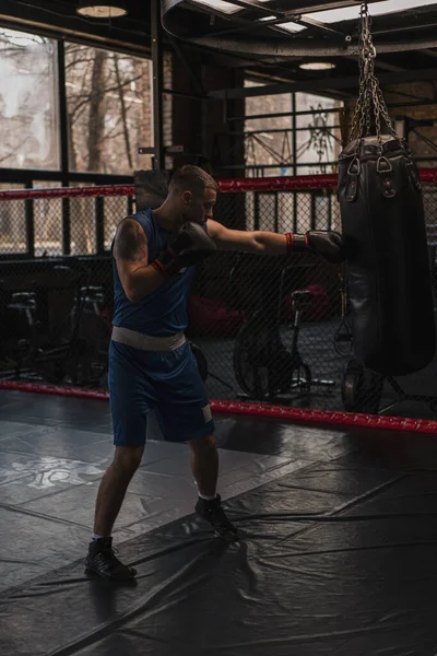 Boxeo Gimnasio Boxeador Entrena Sus Golpes Golpeando Saco Boxeo —  Fotos de Stock