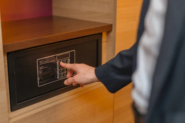 Hand Enters Code Open Lock Safe Safe Hotel Room Theft — Stock Photo, Image