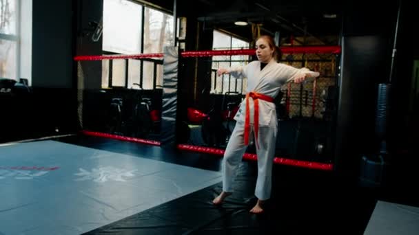 Chica Practica Karate Gimnasio Mujer Kimono Practica Movimientos Poses Artes — Vídeos de Stock