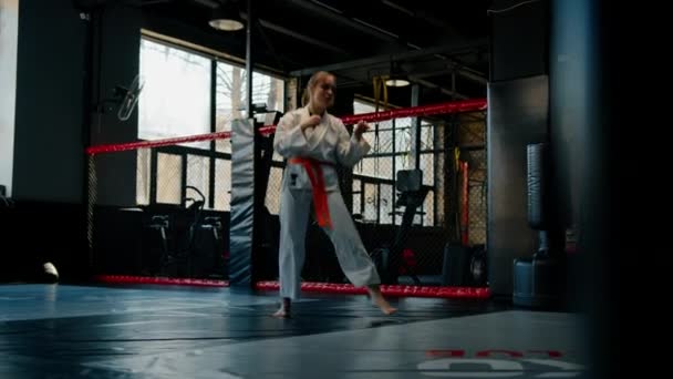 Dívka Praktikuje Karate Tělocvičně Žena Kimonu Cvičí Pohyby Pózuje Bojová — Stock video