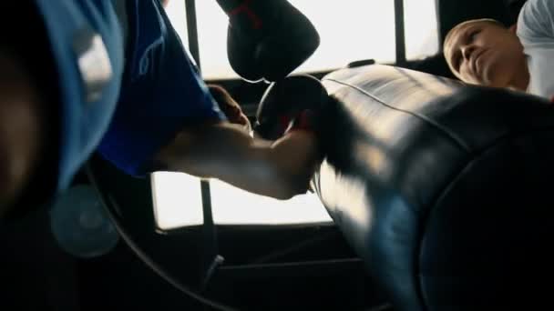체육관 선수가 펀치를 날리는 가방을 시킨다 — 비디오