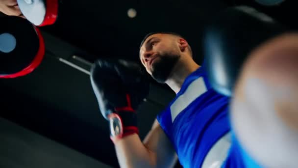 Sportsman Boxningshandskar Tränar Sin Boxningspartner Träning Slag Närbild Underifrån — Stockvideo