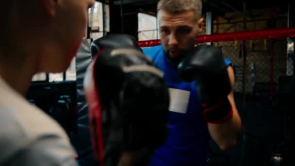 Boxer Boksz Edzővel Gyakorolja Ütéseit — Stock videók