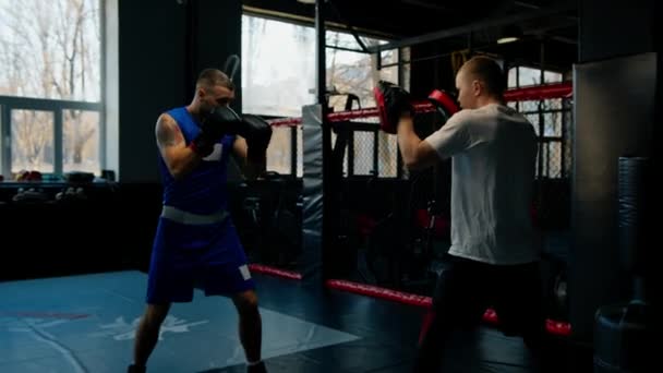 Boxeador Practica Sus Golpes Con Entrenador Gimnasio Boxeo — Vídeos de Stock