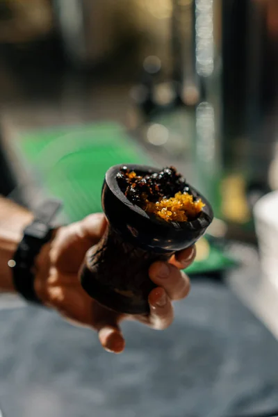 Close Hand Holding Aromatic Juicy Yellow Tobacco Hookah Bowl Preparing — Stock Photo, Image