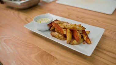 Profesyonel mutfak ekşi krema sosu ve masada baharatlı patates dilimleri.