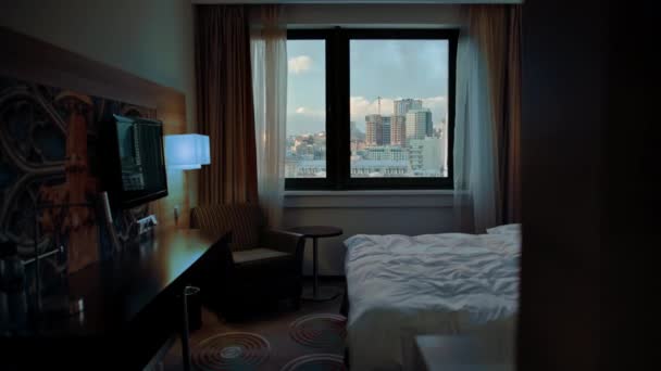 Interior Beautiful Hotel Room Bedroom Hotel View City Window — Stock Video