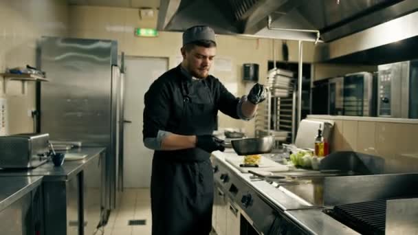 Профессиональная Кухня Ресторане Отеля Шеф Повар Солит Вкусную Картошку Фри — стоковое видео
