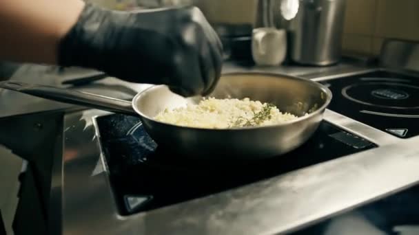 Professional Kitchen Hotel Restaurant Chef Prepares Risotto Lunch Stirs Rice — Stock Video