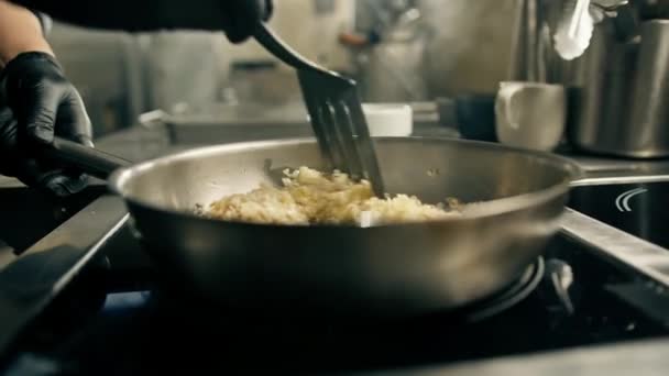 Professional Kitchen Hotel Restaurant Chef Prepares Risotto Lunch Stirs Rice — Stock Video