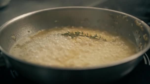 Професійна Кухня Готельному Ресторані Крупним Планом Смачне Різотто Готується Сковороді — стокове відео
