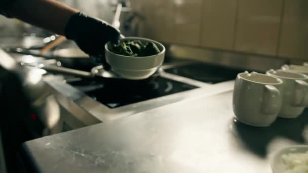 Professionelle Küche Hotelrestaurant Nahaufnahme Des Küchenchefs Bei Der Zubereitung Von — Stockvideo