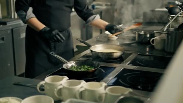 日本のほうれん草を準備シェフの近くのホテルのレストランでプロのキッチン — ストック動画