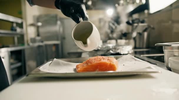 Professional Kitchen Hotel Restaurant Piece Fresh Salmon Baking Sheet Chef — Stock Video