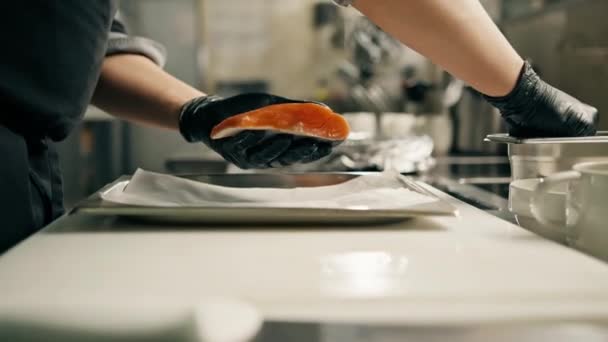 Professional Kitchen Hotel Restaurant Piece Fresh Salmon Hand Chef Who — Stock Video