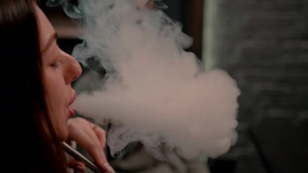 Beautiful Young Woman Inhaling Hookah Girl Smoking Hookah Sitting Lounge — Stock Video