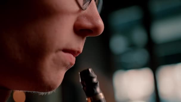 Hookah Man Glasses Smokes Traditional Hookah Pipe Man Exhales Smoke — Stock Video