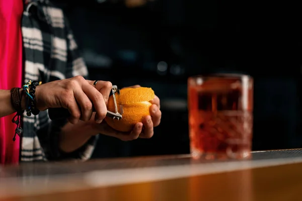 Male Hands Bartender Peel Orange Fruit Cocktail Special Tool Close — Stock Photo, Image