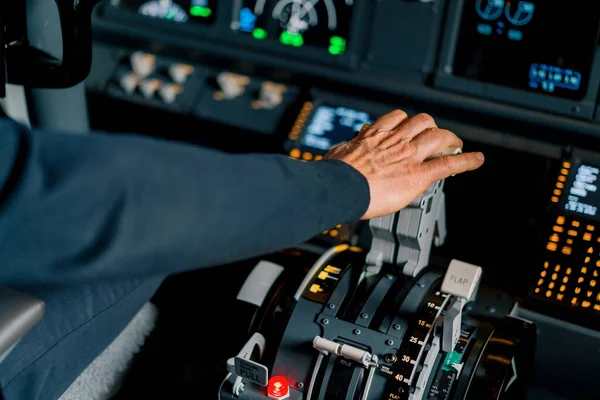 Close Pilot Hand Pressing Throttle Cockpit Jet Plane Reducing Engine — Stock Photo, Image