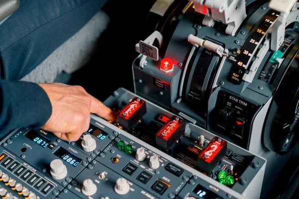 Captain Presses Buttons Control Panel Start Engine Plane Flight Close — Stock Photo, Image