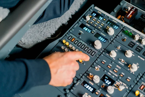 Captain Presses Buttons Control Panel Start Engine Plane Flight Close — Stock Photo, Image