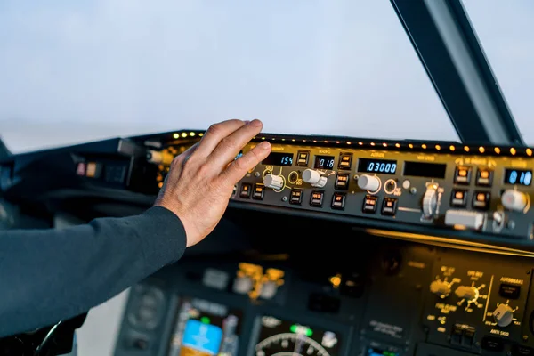 Pilot Presses Power Buttons Control Panel Control Aircraft Front Cockpit — Stock Photo, Image