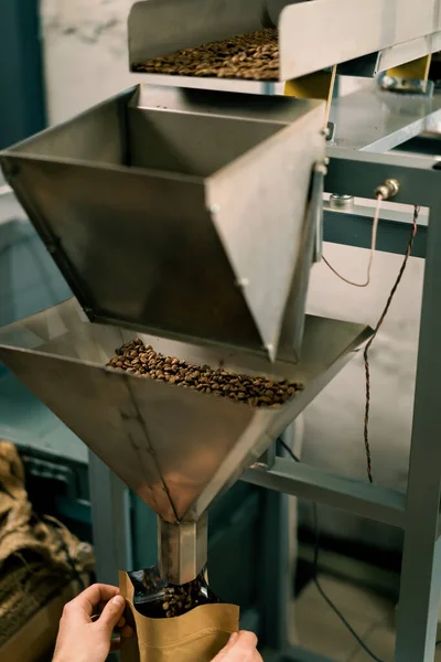 咖啡豆被推上了一个工业摇床的输送机 布朗咖啡豆 用于包装咖啡工业 — 图库照片